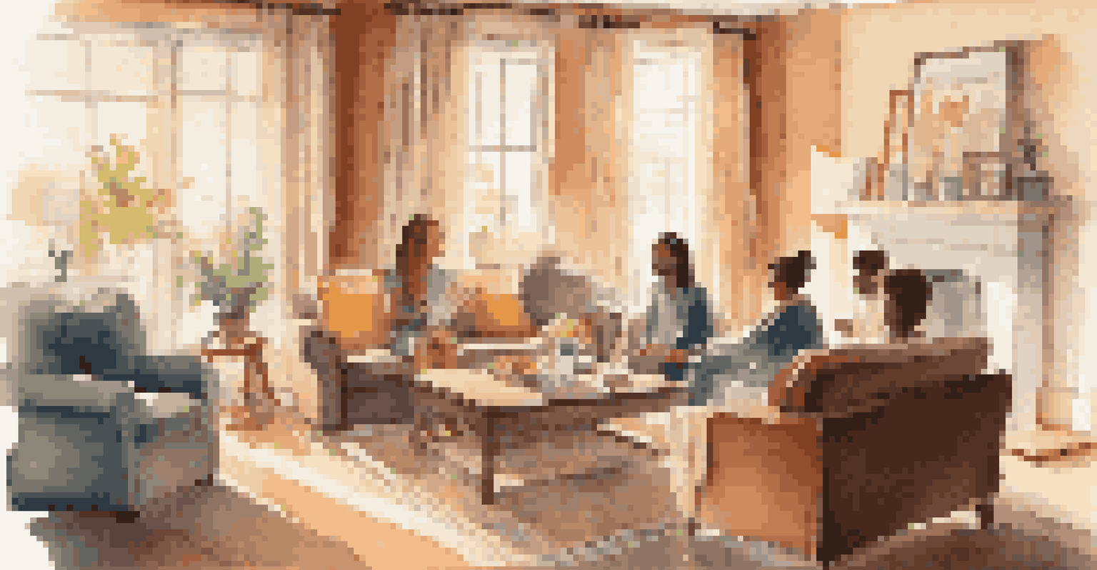 A family sitting together in a well-lit living room, discussing home safety with pamphlets on the coffee table.