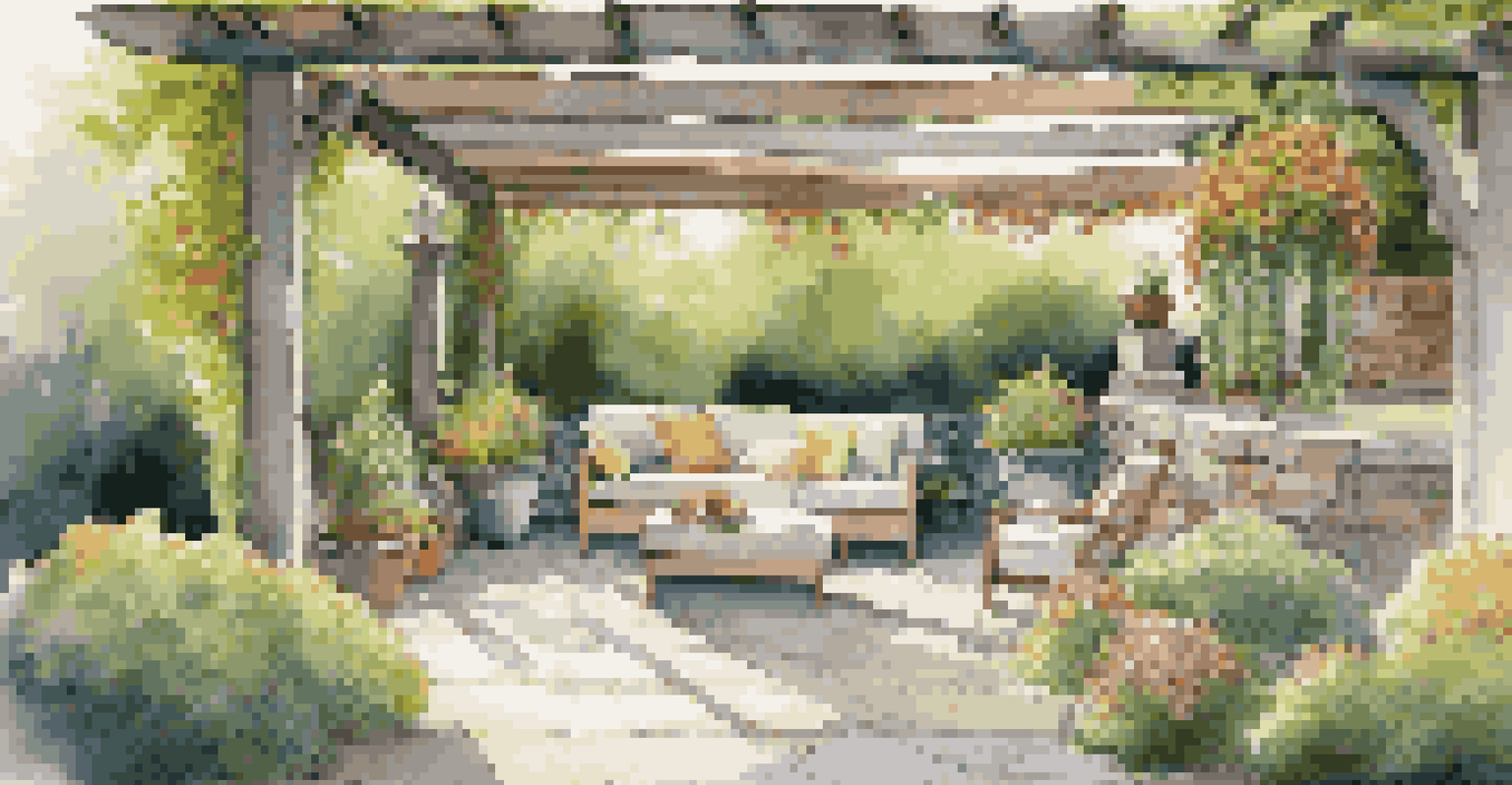 A cozy patio with light-colored stones and a pergola surrounded by flowering plants on a sunny day.