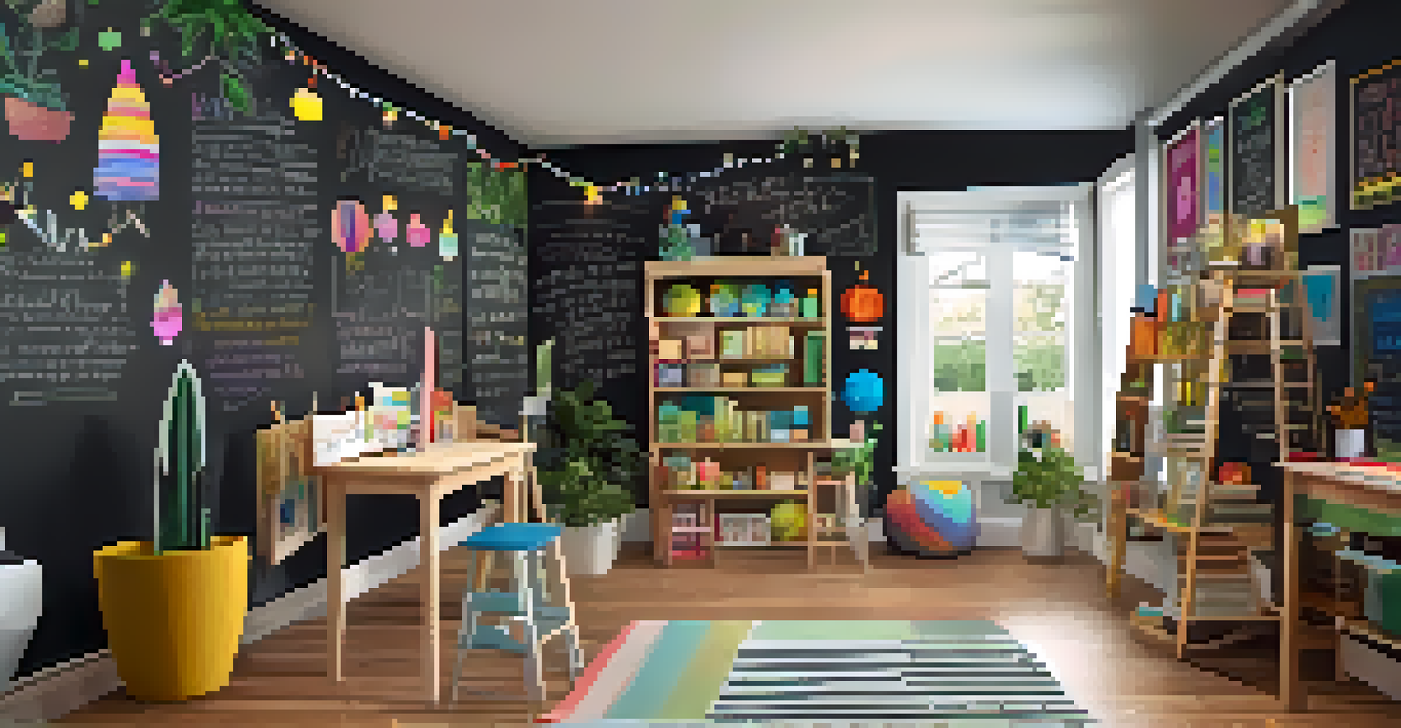 A large framed chalkboard wall decorated with colorful chalk drawings and surrounded by plants and art supplies in a creative space.