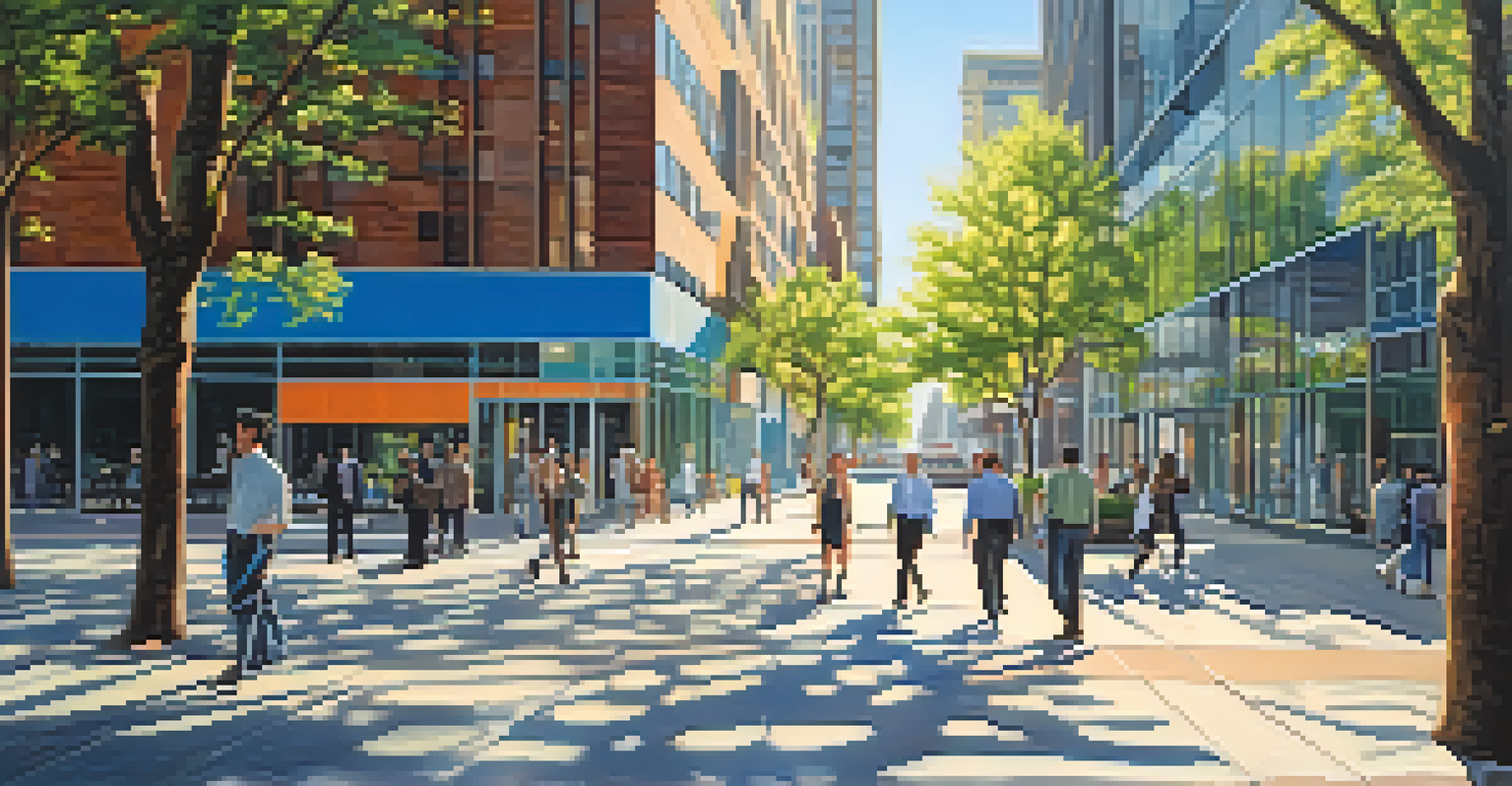 A busy urban office area with modern glass buildings and people walking, under clear blue skies.