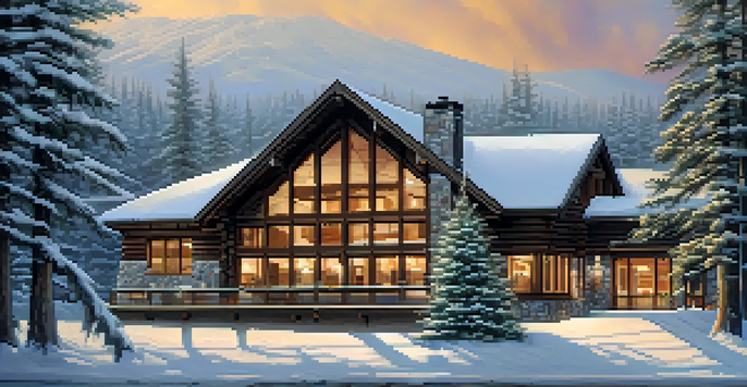 A warm ski lodge made of stone in a snowy landscape with large windows.