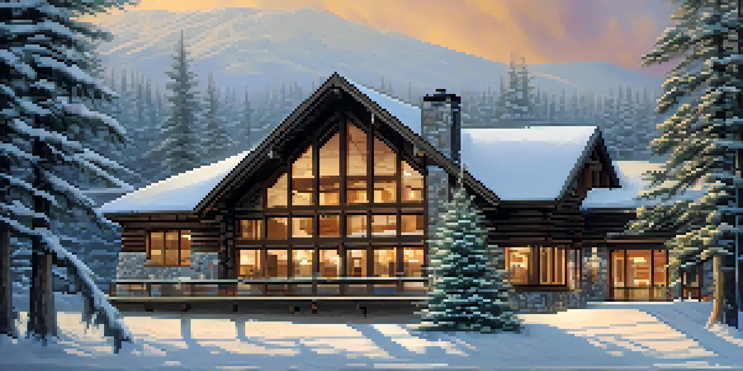 A warm ski lodge made of stone in a snowy landscape with large windows.
