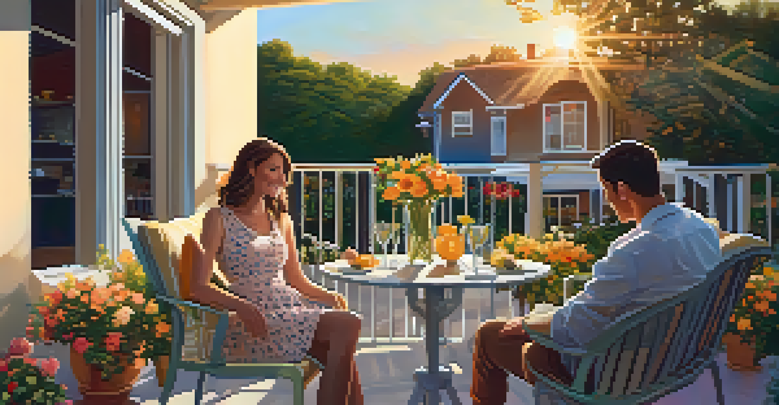 A couple enjoying an outdoor patio while exploring a virtual home tour on a tablet, surrounded by flowers and comfortable seating.