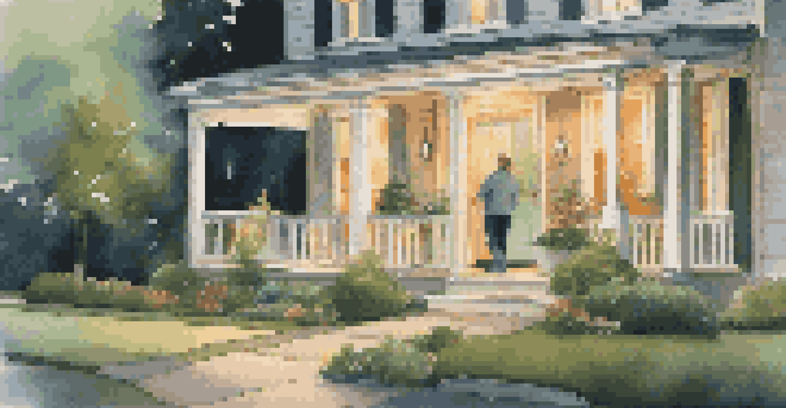 An outdoor scene at dusk with a smart doorbell camera on a porch, featuring a delivery person at the door and illuminated pathways.