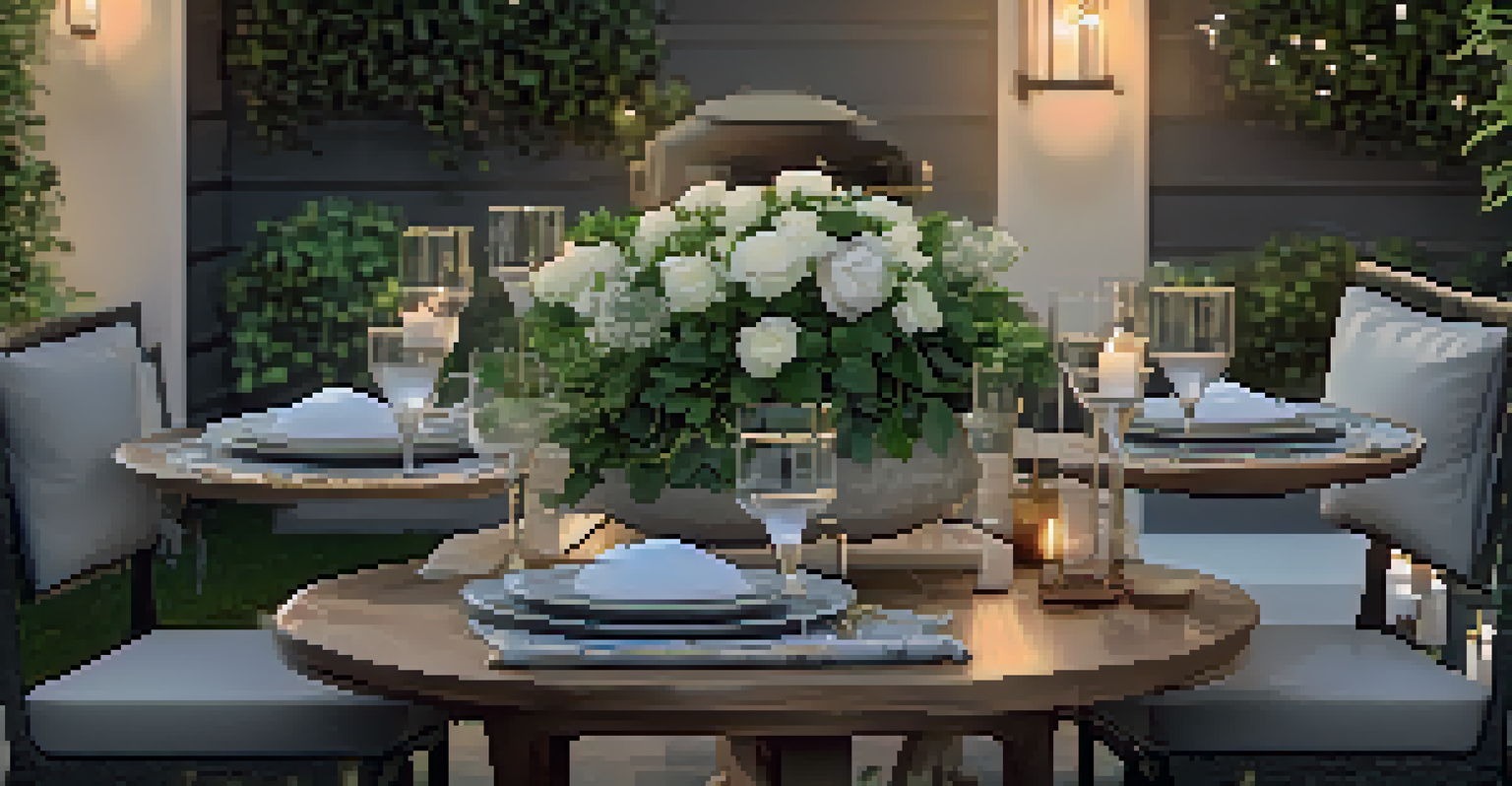 A charming outdoor dining area with a set table and cozy seating around a fire pit, surrounded by greenery and soft lighting.