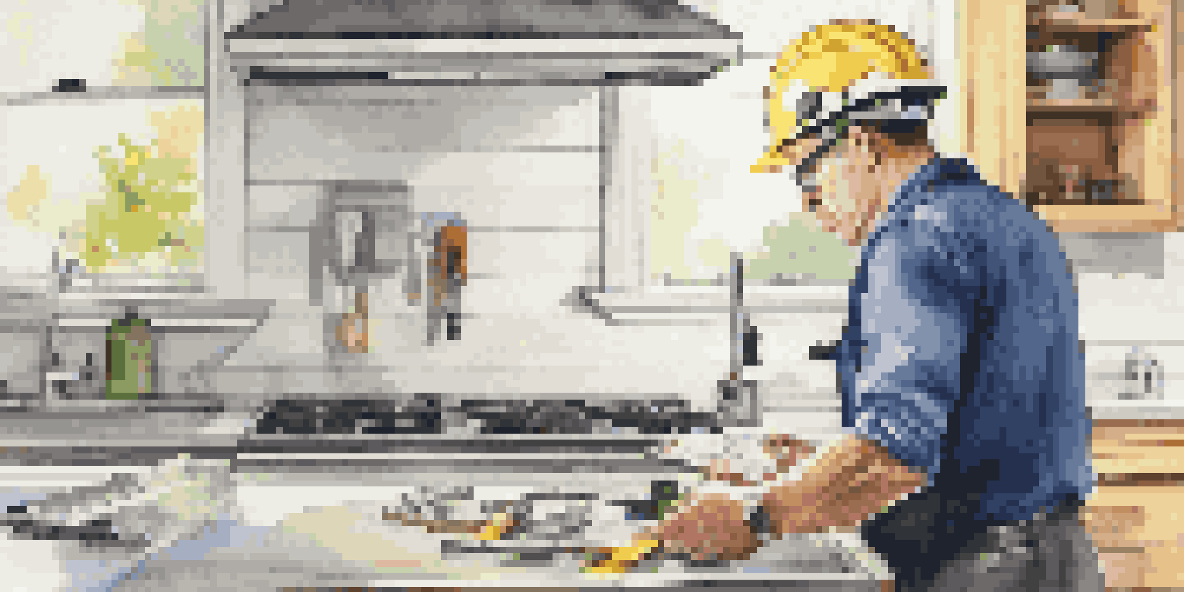 A home inspector examining an electrical panel in a bright and modern kitchen, surrounded by tools and appliances.