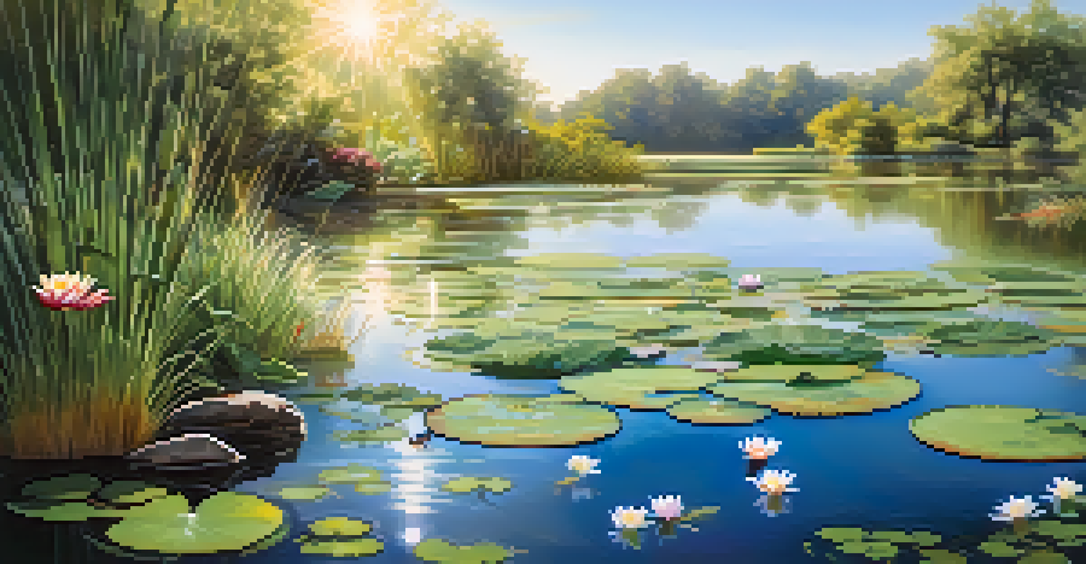 A serene pond in a garden, surrounded by greenery and flowers, with birds and butterflies, reflecting sunlight.
