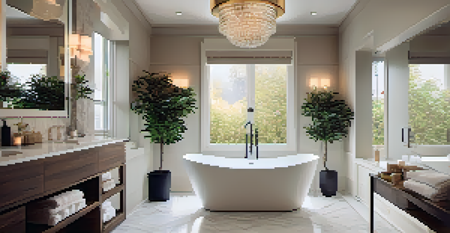 An elegant bathroom with a freestanding tub, marble tiles, and soft lighting, adorned with candles and a plant.