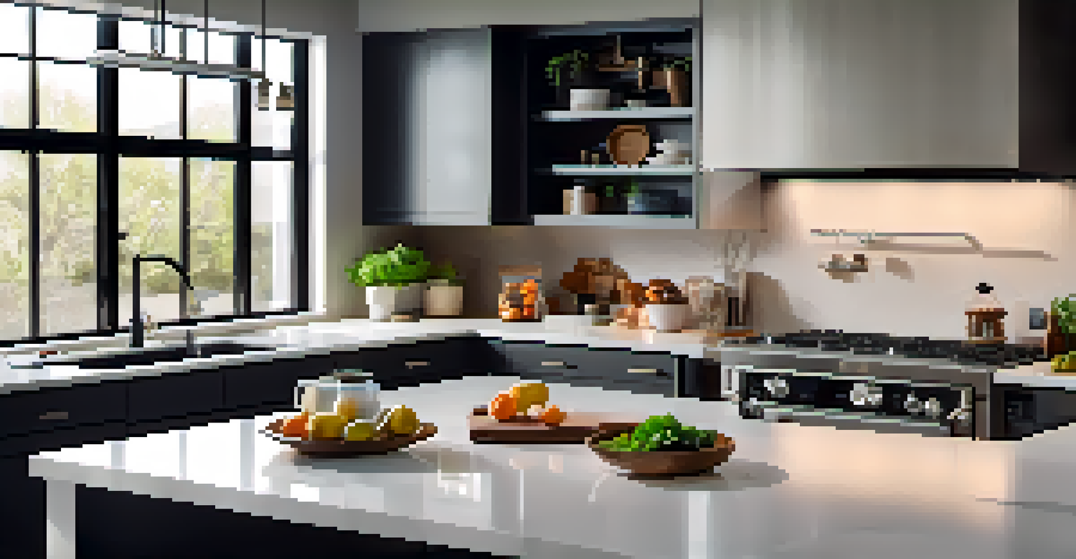 A kitchen counter displaying a smart home hub with light bulbs, a camera, and a lock, featuring a bright and modern atmosphere.