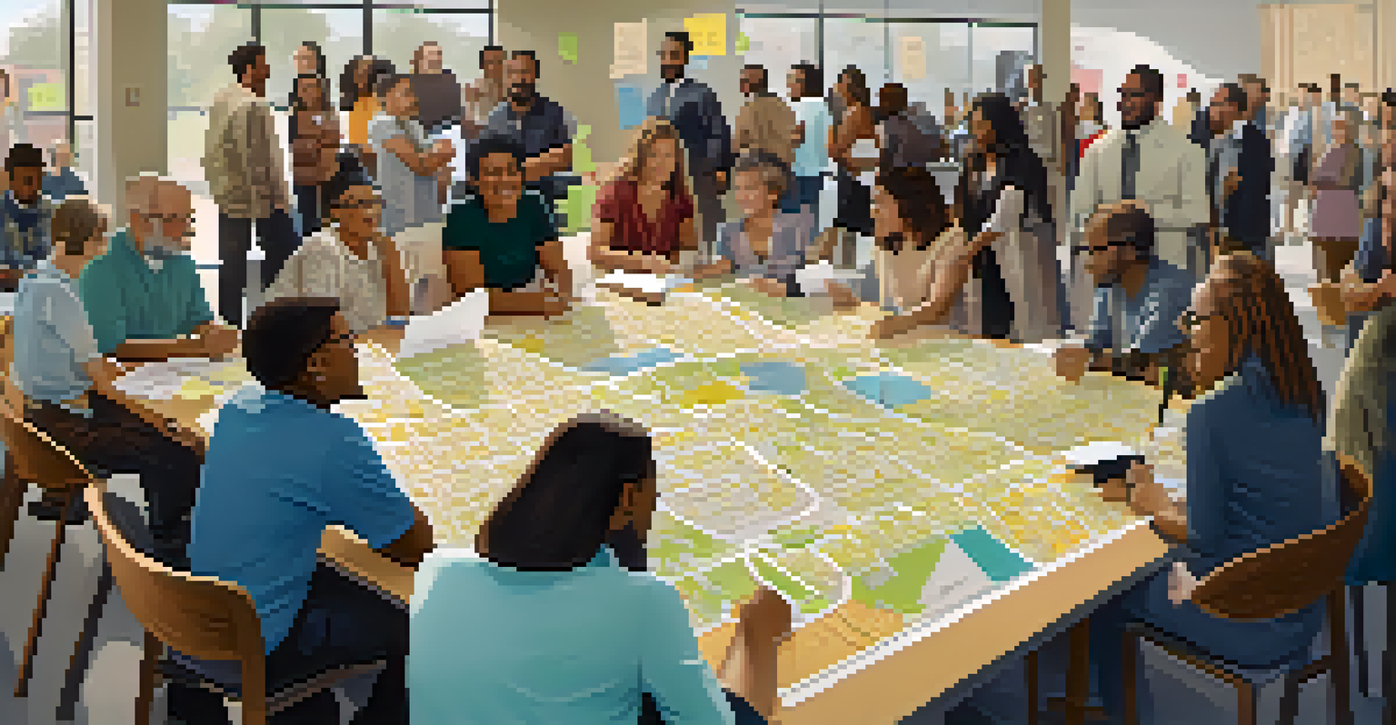 A community planning meeting with residents and planners discussing over a large map, demonstrating active participation in urban development.
