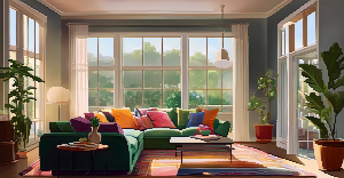 A cozy living room with warm lighting, modern furniture, and potted plants.