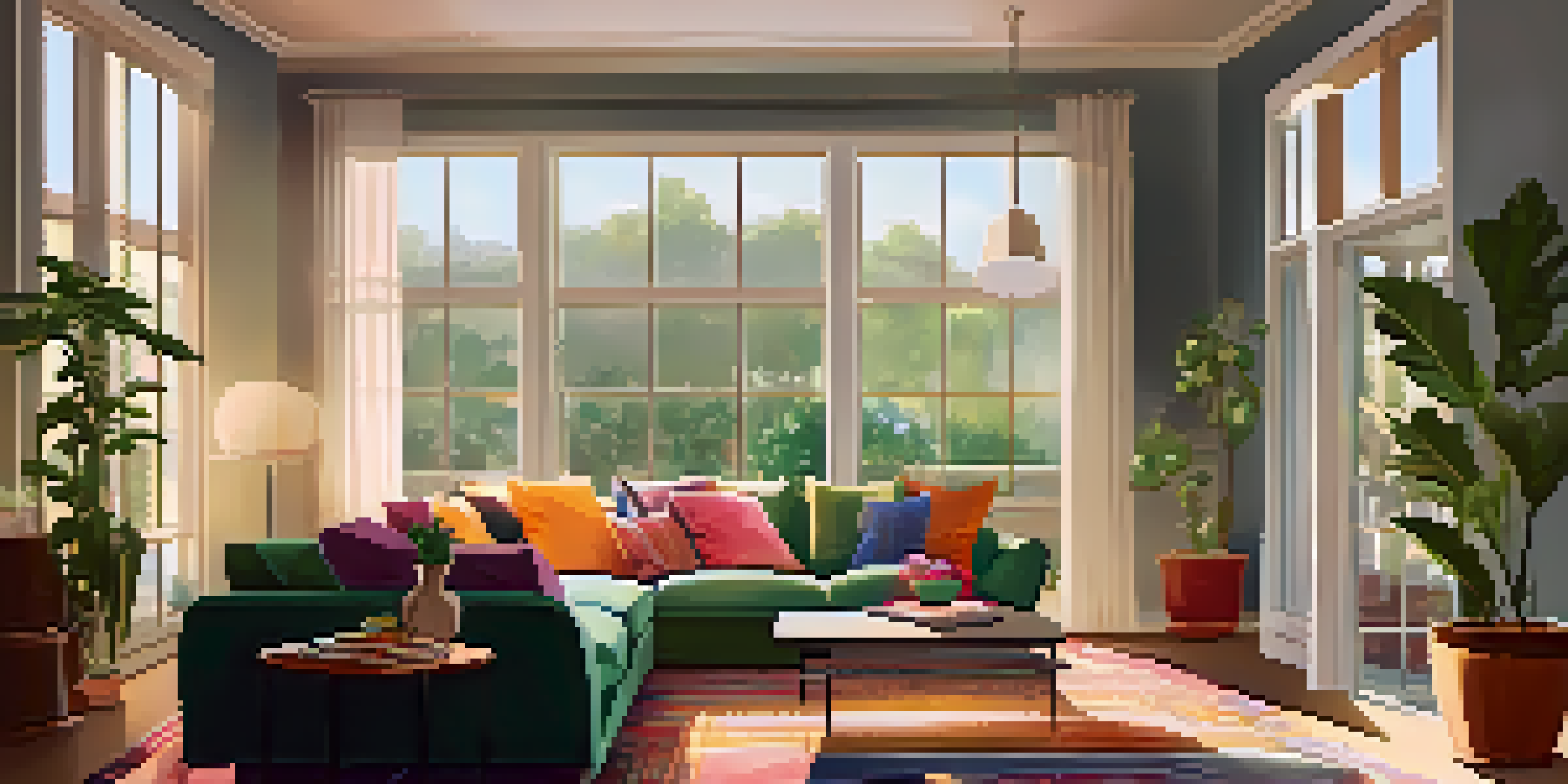 A cozy living room with warm lighting, modern furniture, and potted plants.
