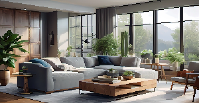 A spacious and modern open concept living area with a gray sectional sofa, wooden accents, and a bright dining area.