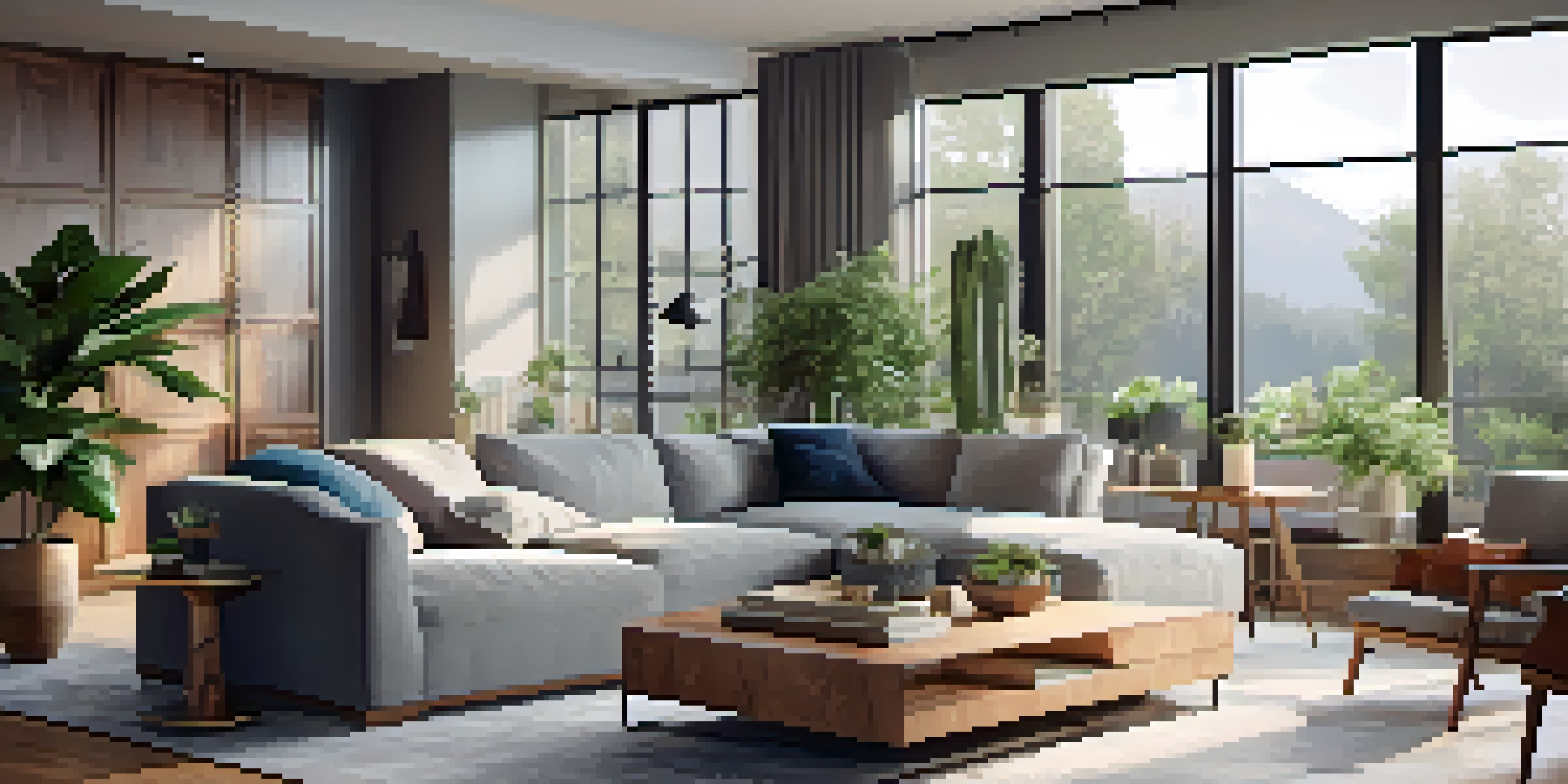 A spacious and modern open concept living area with a gray sectional sofa, wooden accents, and a bright dining area.