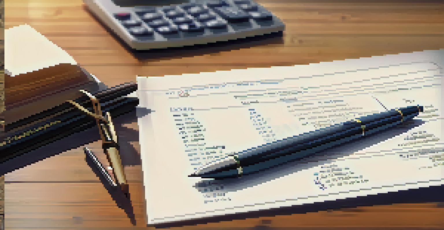 A calculator and notepad on a wooden table, with a person in the background reviewing documents related to real estate.