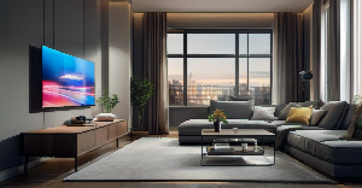 A comfortable living room with dimmed lights and a large screen displaying a movie, creating a relaxing atmosphere.