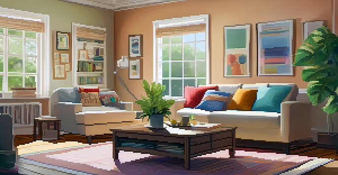 A bright and inviting living room filled with natural light, showcasing a comfortable sofa and potted plants.