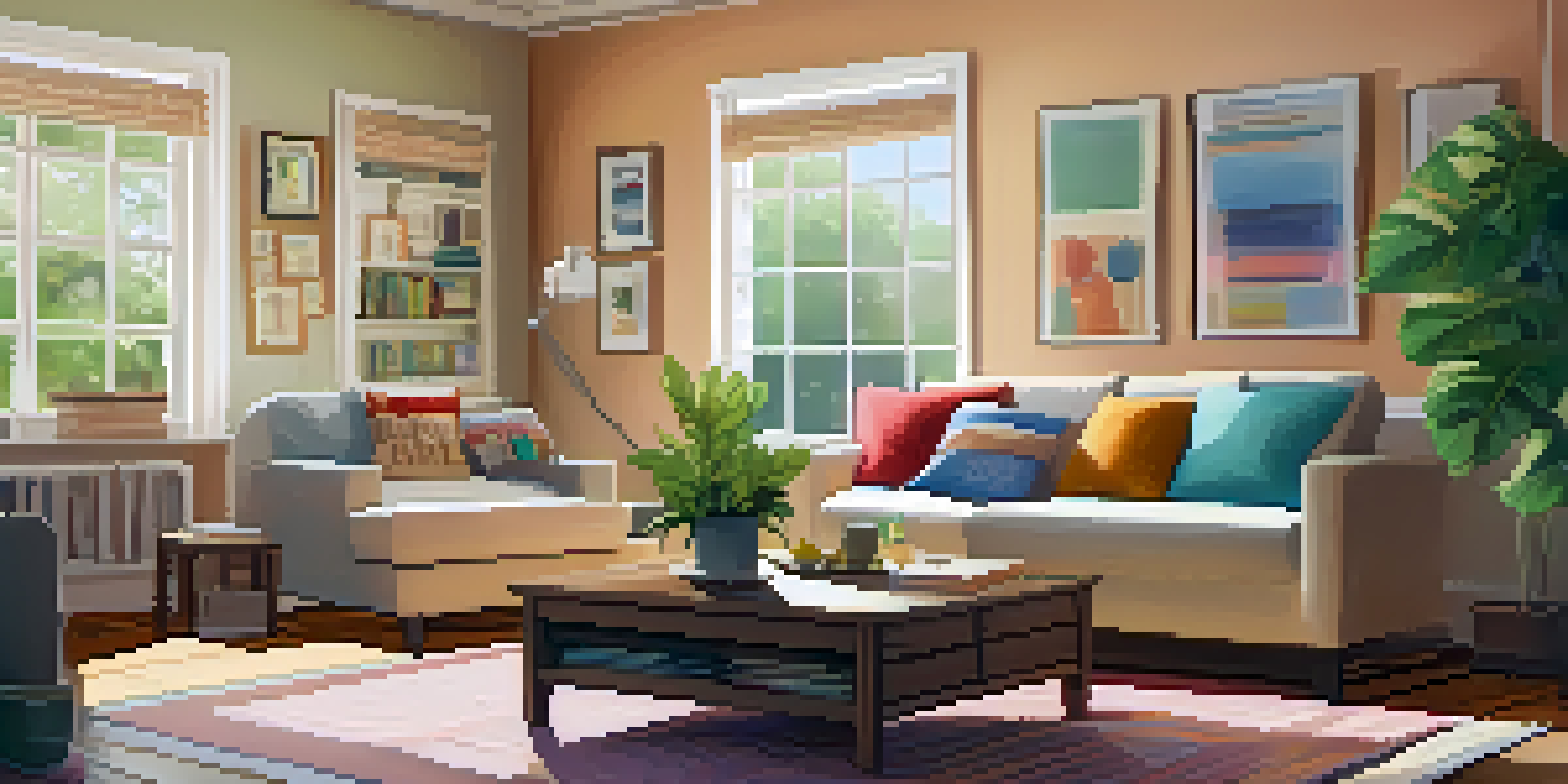 A bright and inviting living room filled with natural light, showcasing a comfortable sofa and potted plants.