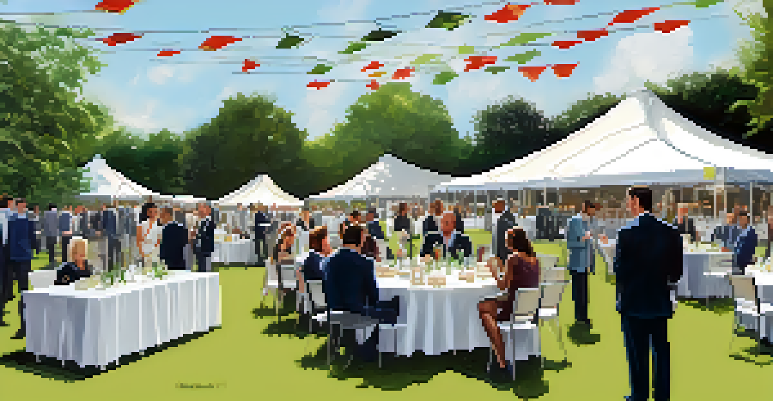 A lively outdoor networking event for real estate syndication, with professionals mingling under a large tent and elegant tables.