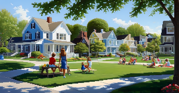A peaceful suburban park with children playing and families having a picnic, surrounded by well-kept houses and blooming flowers.