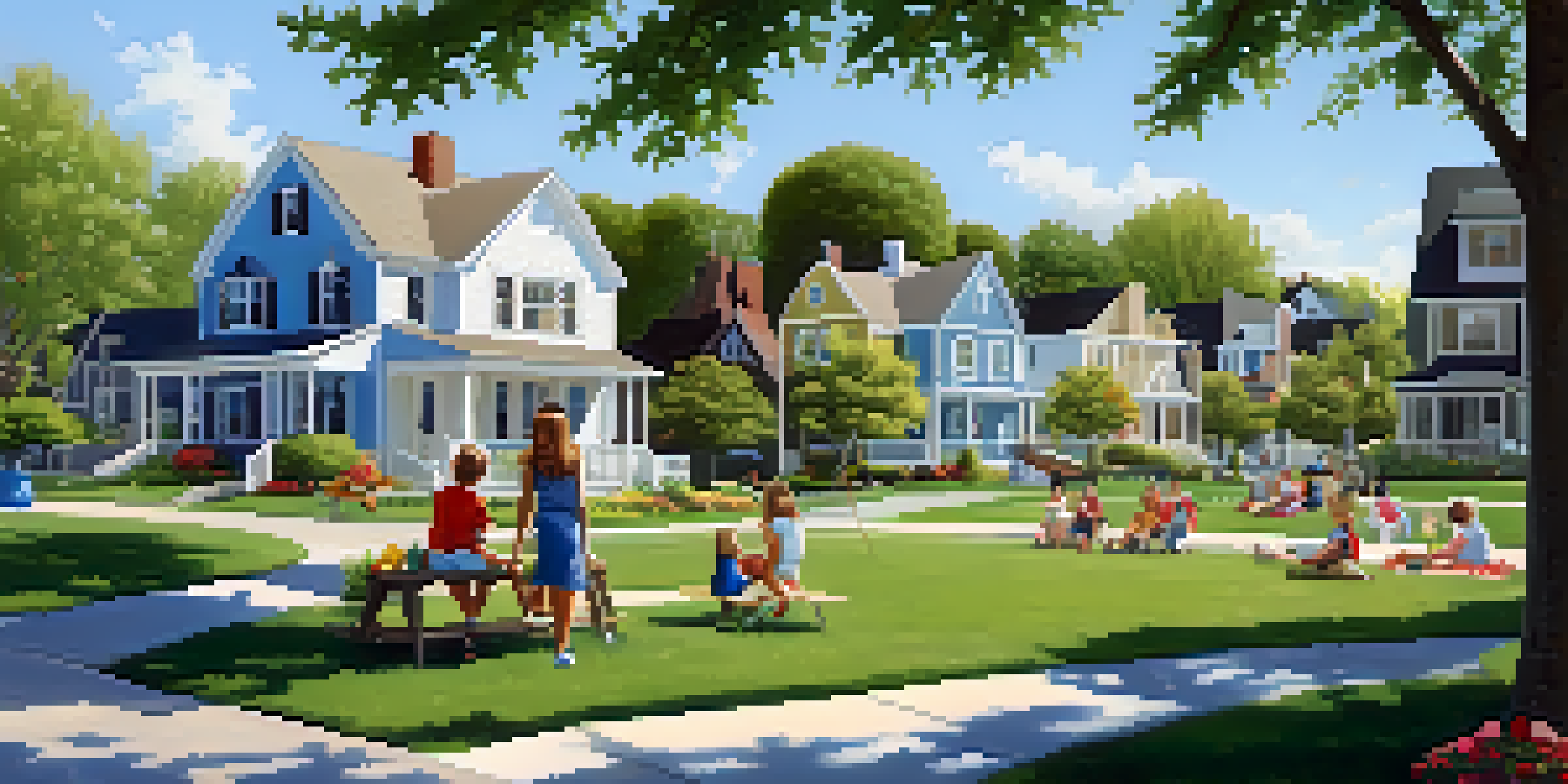 A peaceful suburban park with children playing and families having a picnic, surrounded by well-kept houses and blooming flowers.
