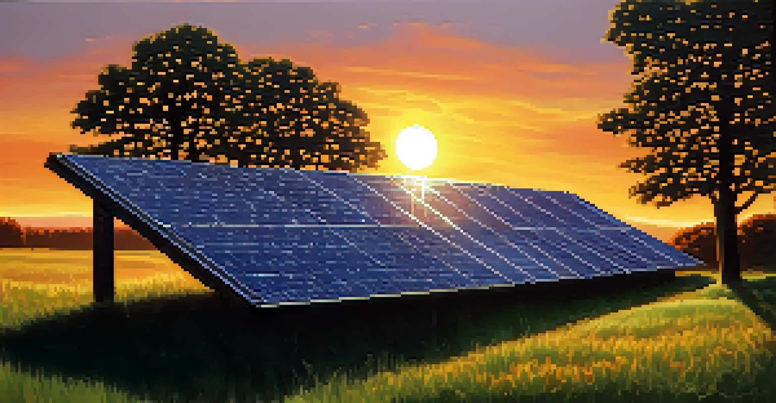 Close-up of solar panels with a sunset backdrop, showcasing their design and texture.