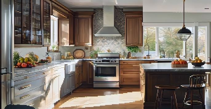 A bright and inviting kitchen with wooden cabinets, a large island, and sunlight illuminating the space.