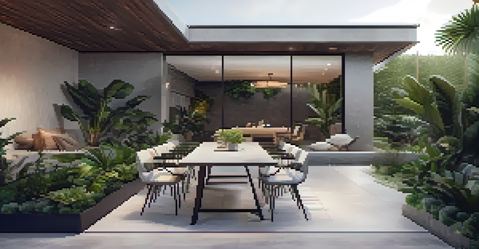 A contemporary outdoor patio with concrete flooring, geometric planters, and a dining table set for guests.