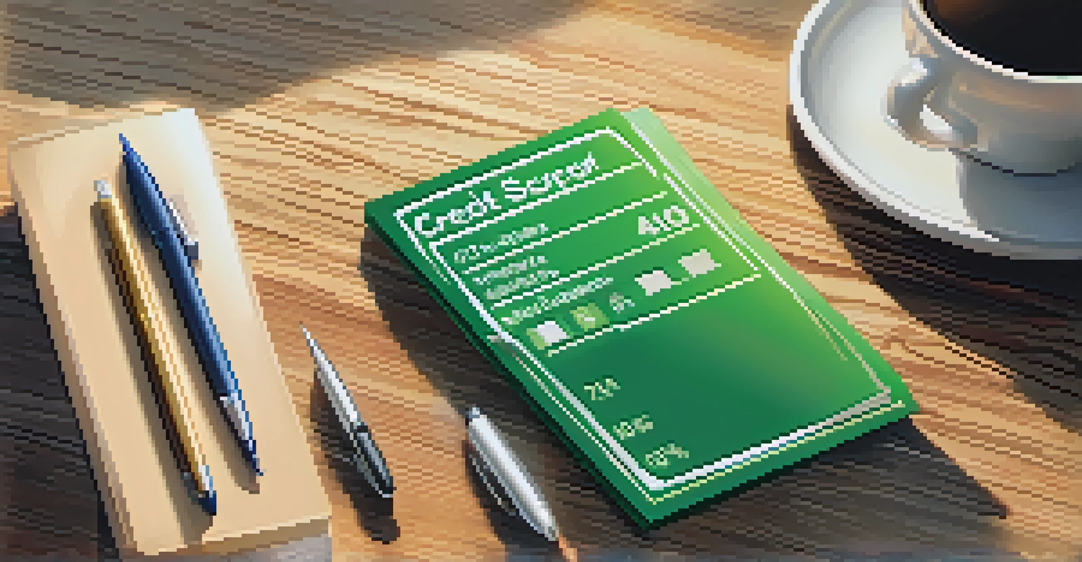 A close-up of a credit score report on a wooden desk with a calculator, pen, and coffee cup, illuminated by morning light.