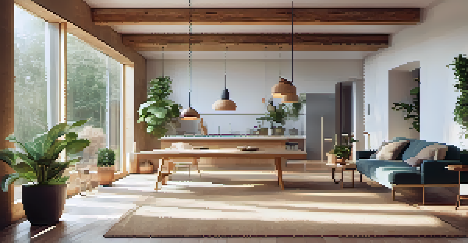 An elegant interior with biodegradable materials, including natural wood beams and cork flooring, filled with sunlight.