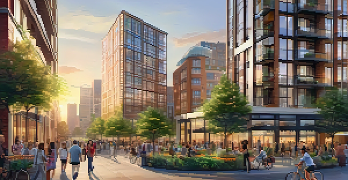 A cityscape with high-rise apartments, retail shops, and parks at sunset, filled with people walking and cycling.