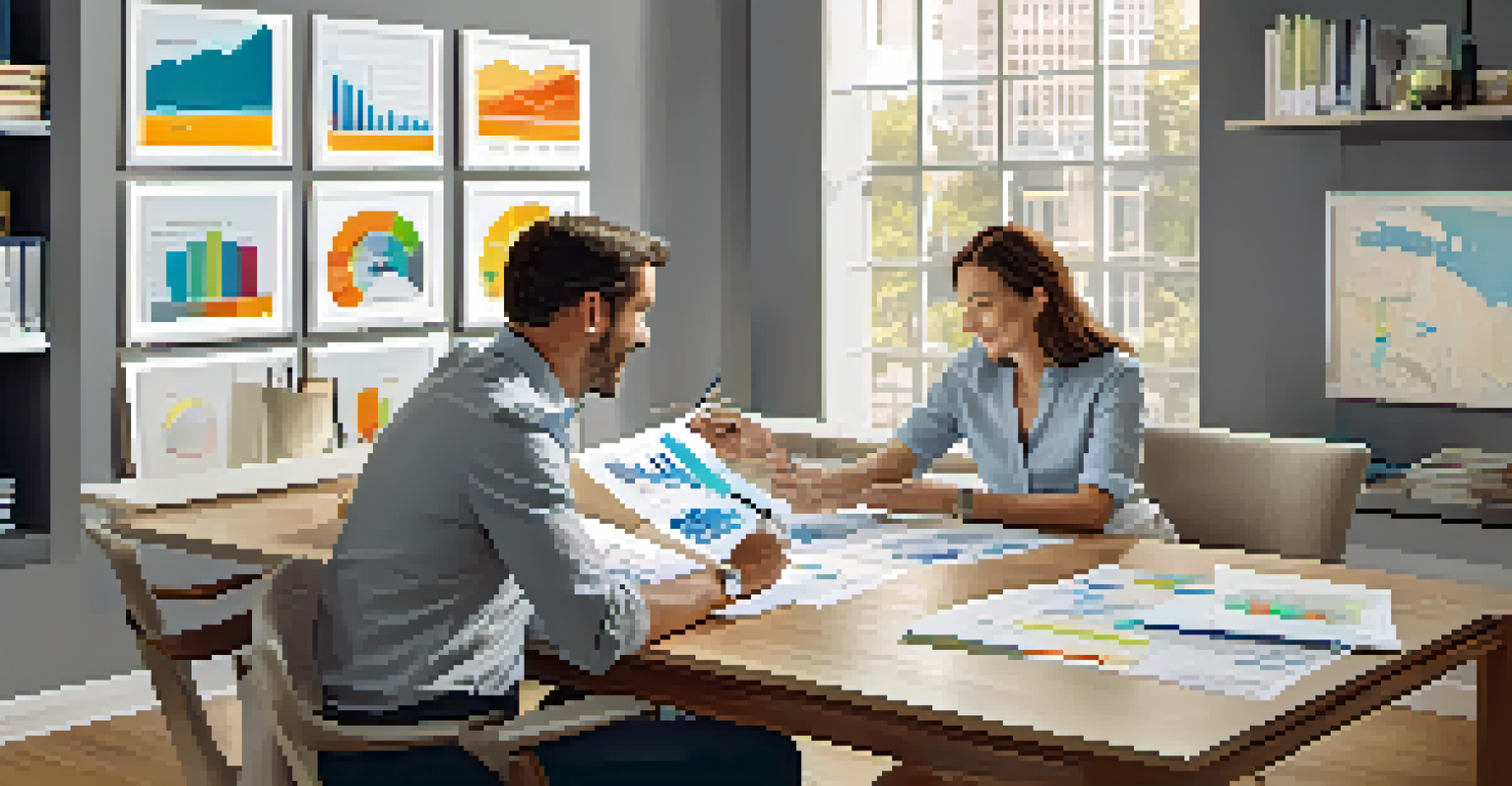 A financial advisor discussing home equity with a couple at a modern desk, surrounded by charts and documents.