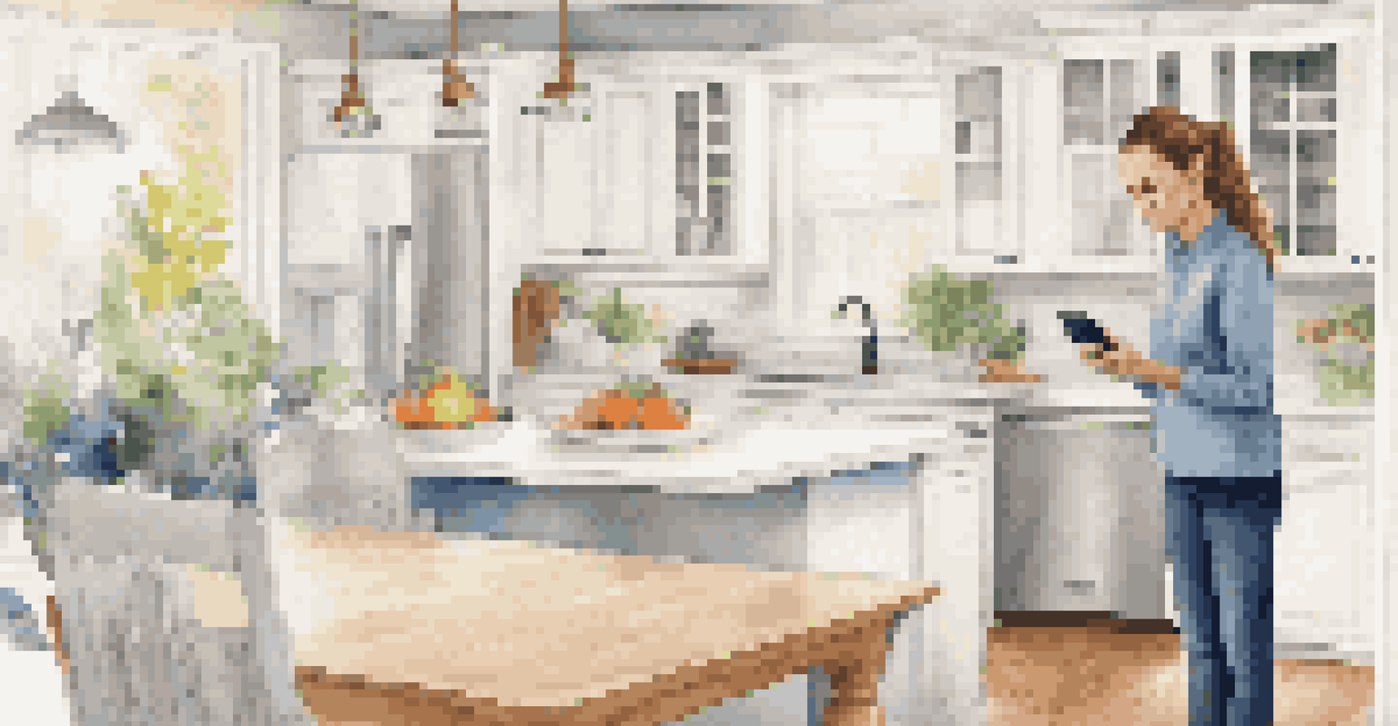 A caregiver receiving alerts on a smartphone in a bright kitchen, with smart home security devices in the background.