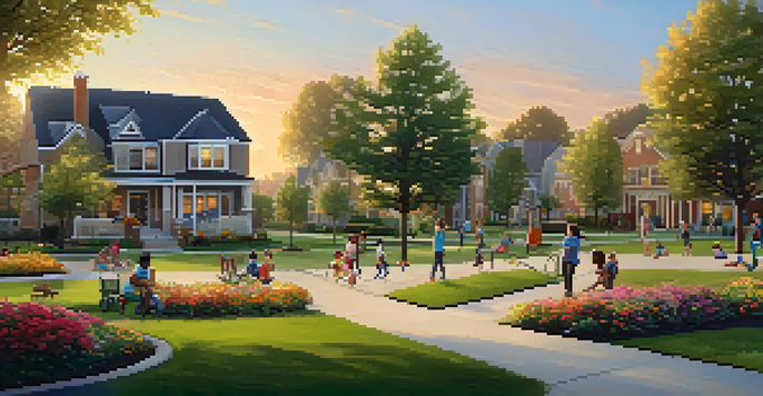 A peaceful suburban neighborhood showcasing well-kept gardens, a community park with families and children playing, under a warm sunset.