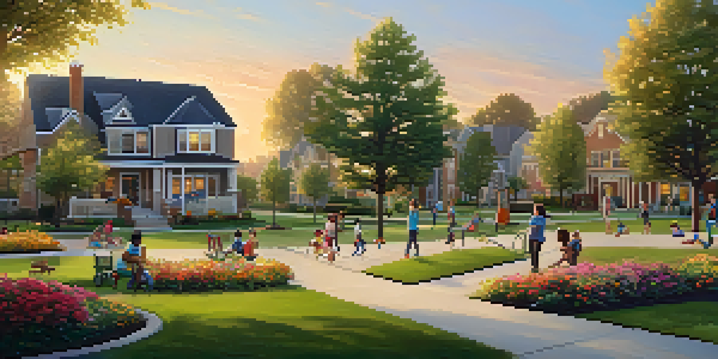 A peaceful suburban neighborhood showcasing well-kept gardens, a community park with families and children playing, under a warm sunset.