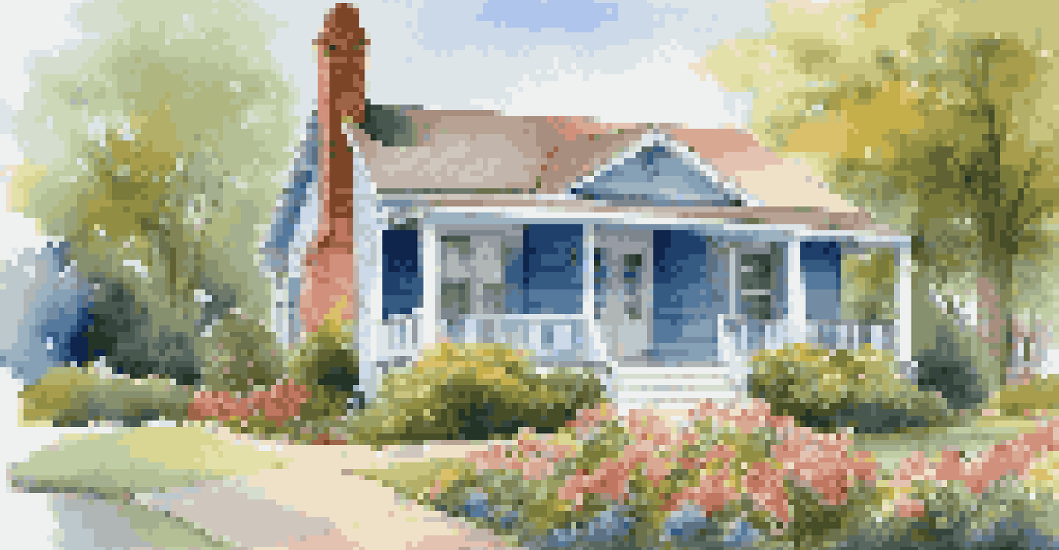 A charming rental property with a colorful flower garden and a welcoming porch under a clear blue sky.
