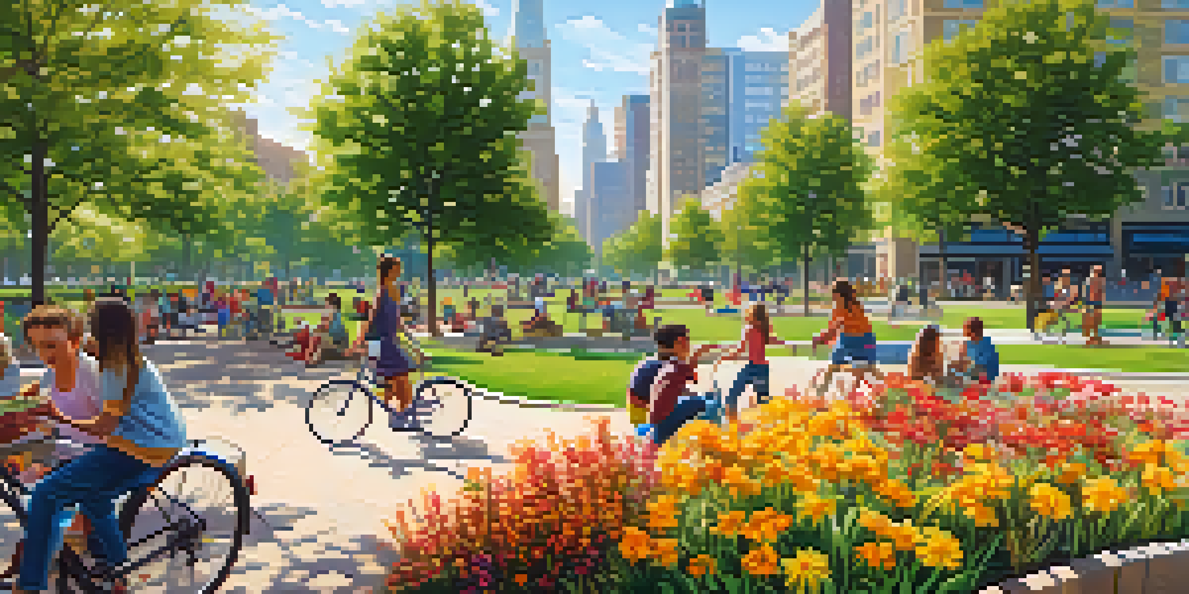 A lively urban park with people having a picnic, children playing, and cyclists passing by, surrounded by city buildings and trees.