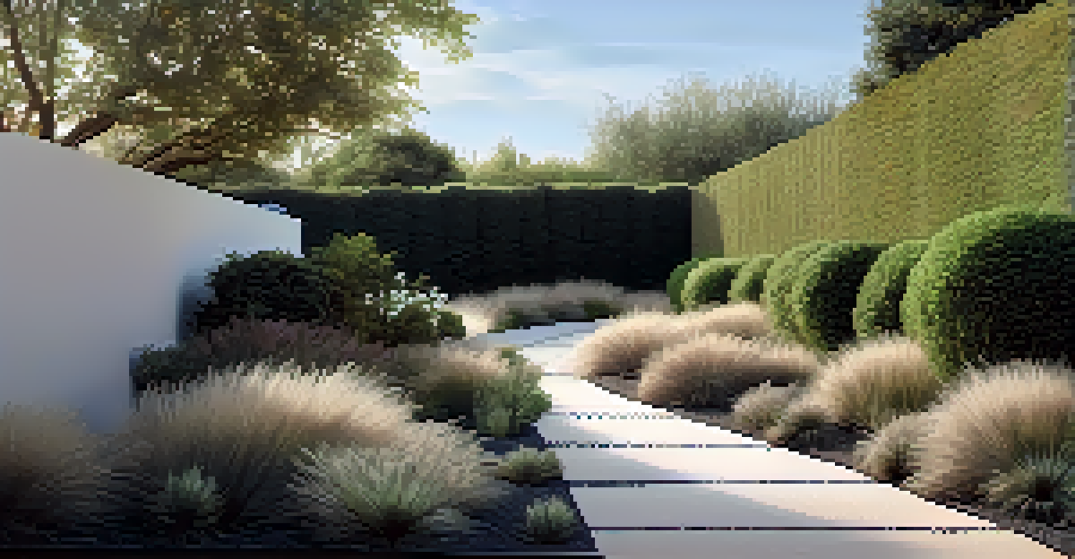 A minimalist garden path with gravel, bordered by hedges and native plants, featuring subtle lighting along the sides.