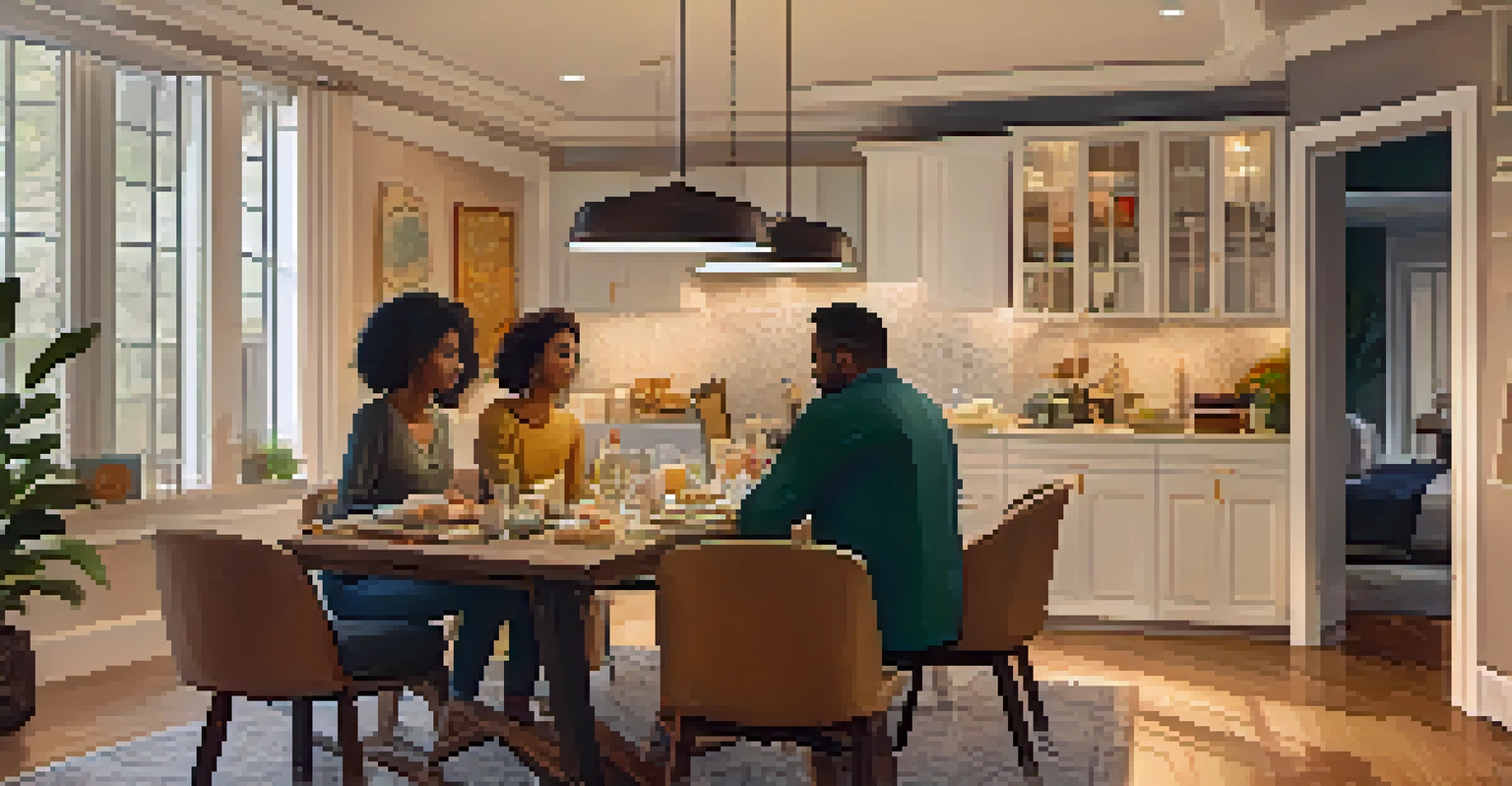 A family discussing renovation ideas at a table with sketches and color palettes in a warmly lit room.