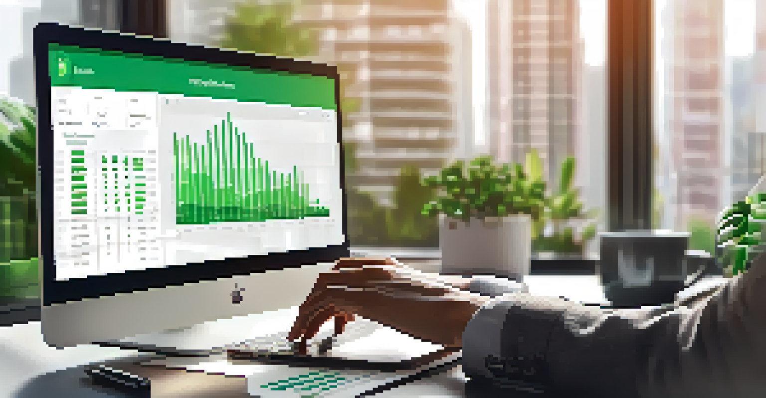 A close-up of a real estate agent's hands on a laptop displaying data analytics, surrounded by documents in a modern office.
