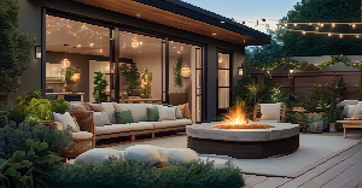 A cozy outdoor patio with a fire pit, seating area, and string lights, surrounded by greenery.
