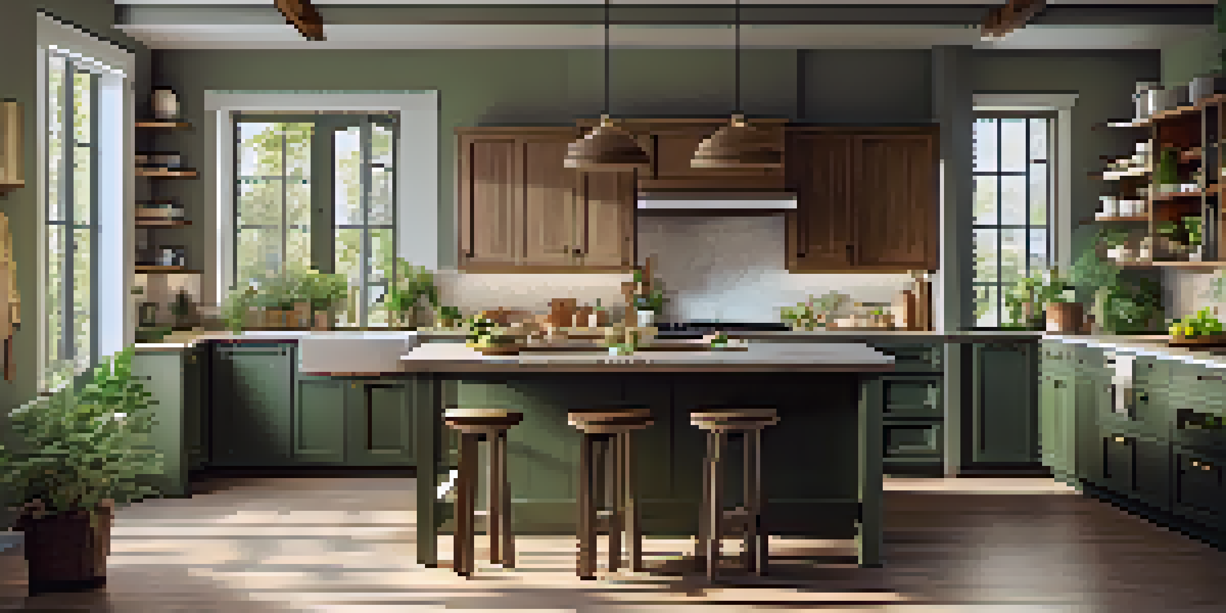 A bright and spacious kitchen designed for accessibility, with natural materials, indoor plants, and a sunlit ambiance.