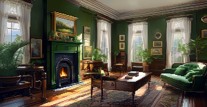A restored Victorian living room with intricate woodwork, vintage furnishings, and a vintage fireplace illuminated by sunlight.