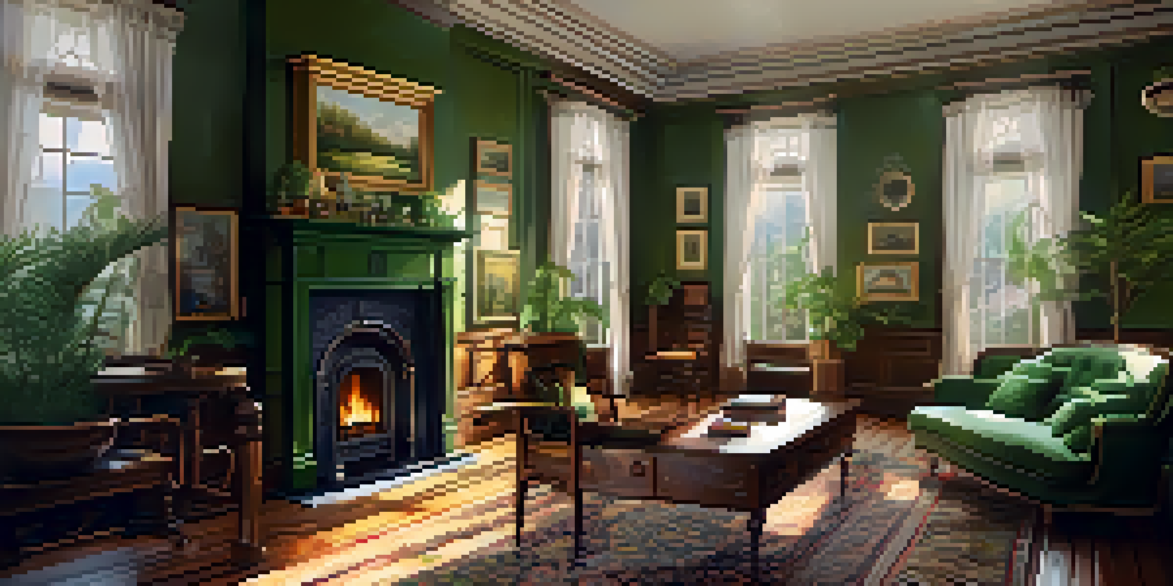 A restored Victorian living room with intricate woodwork, vintage furnishings, and a vintage fireplace illuminated by sunlight.