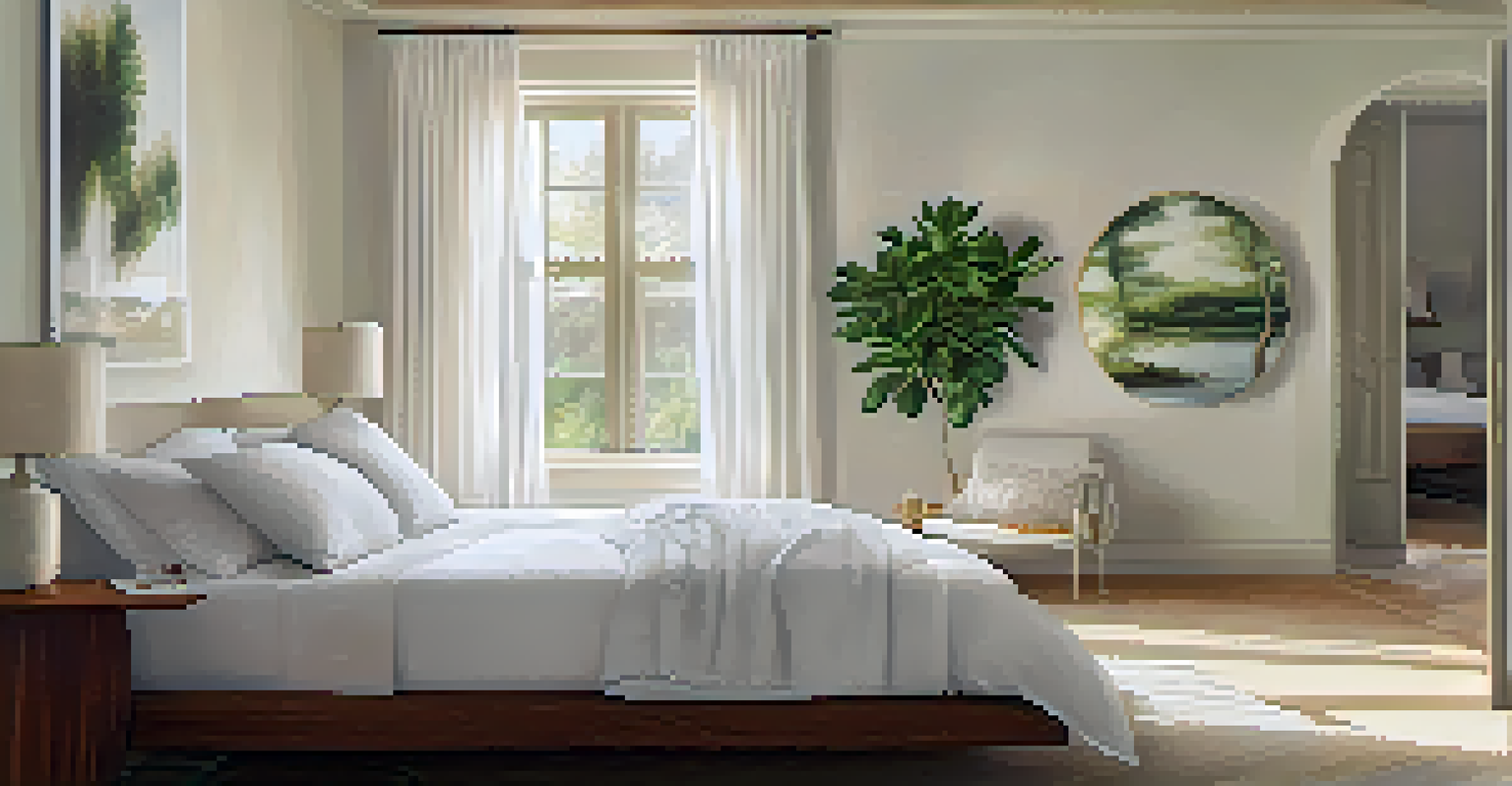 A tranquil bedroom with natural light, sheer curtains, a light-colored bed, and a mirror reflecting the sunlight.