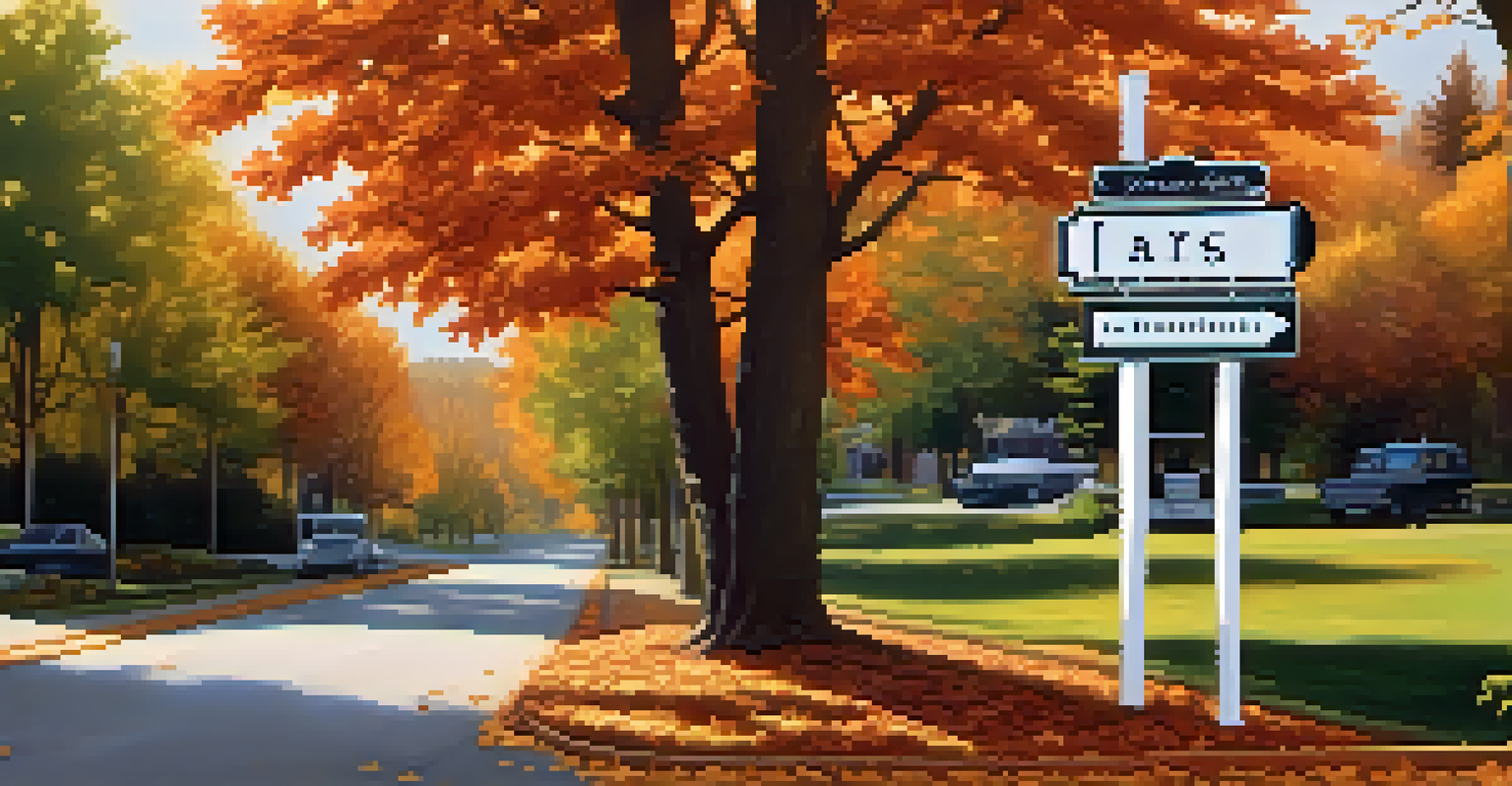 A stylish directional sign guiding visitors to an open house, positioned on a tree-lined street adorned with colorful autumn leaves.