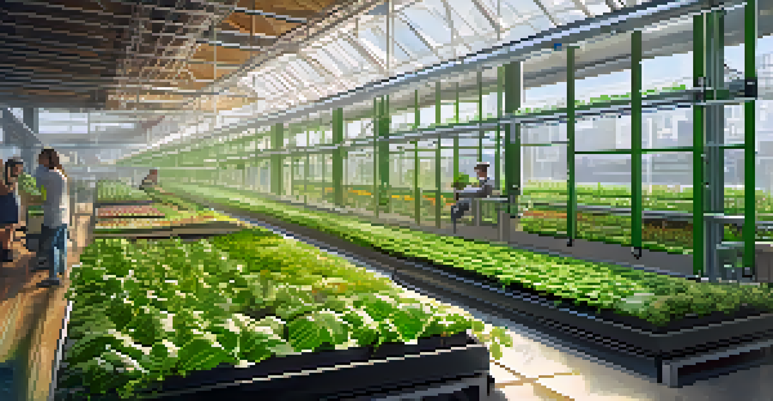 An urban agriculture scene featuring a vertical farm with robotic arms tending to green plants and bright natural light.