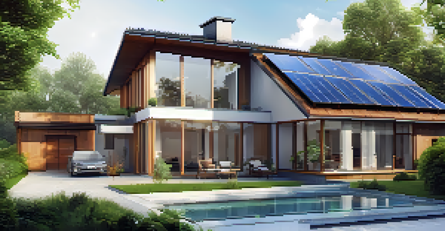 A modern home with solar panels, energy-efficient windows, and a beautiful garden.