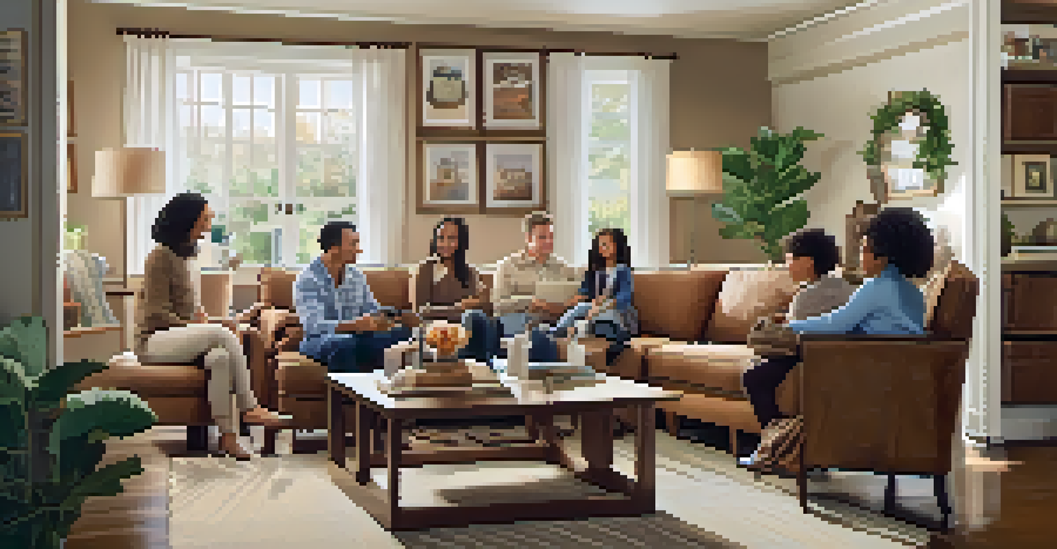 A family in a cozy living room discussing financial options around a coffee table, surrounded by comfortable furniture and family photos.