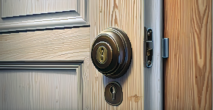 A detailed close-up of a deadbolt lock on a wooden door, showcasing its security features.